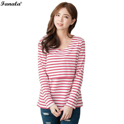 FANALA New Fashion Women Casual O-Neck Long Sleeve Striped Breast Feeding Loose T-shirt Tops Women Cotton Plus Size Tshirt