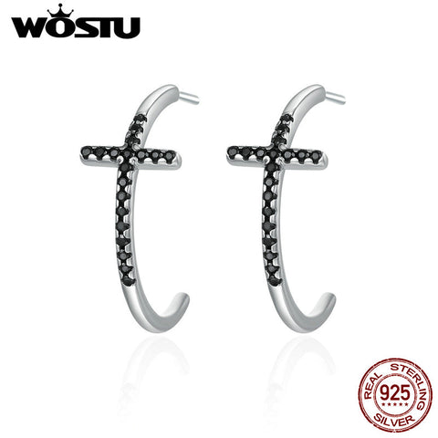 WOSTU European 100% 925 Sterling Silver Classic Cross Black CZ Stud Earrings for Women Luxury Silver Fine Jewelry Brincos CQE262