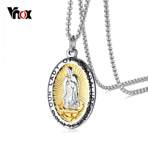 Vnox Our Lady Of Guadalupe Virgin Mary Pendant For Women Men Necklace Stainless Steel Oval Shape Casual Unisex Jewelry 24" Chain