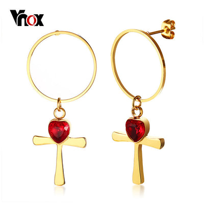 Vnox Big Round Circle Stud Gold Color Stainless Steel Anka Women Dangle Earrings Red CZ Heart Stone Lady Earings Casual Jewelry