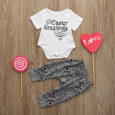Infant Baby Boys Girl Easter Eggs Letter Print Romper Jumpsuit Pants Set Outfits