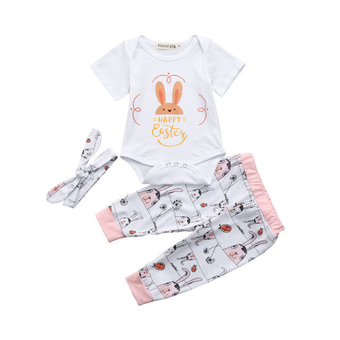 Infant Baby Boys Girls Easter Letter Rabbit Romper Jumpsuit Pants Set Outfits