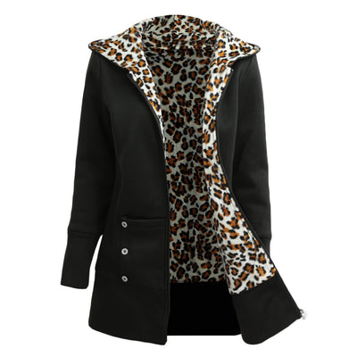 Winter Women Hoodies Coat Leopard Fleece Lining Zipper Warm Casual Hooded Outerwear