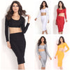 Sexy Women Two Pieces Long Sleeve Bodycon Crop Top Pencil Skirt Dress Twin Set Party Clubwear Grey