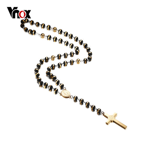 Vnox Black Gold Color Beads Long Rosary Necklace for Women Men Stainless Steel St Benedict Cross Pendant Sweater Chain Unisex