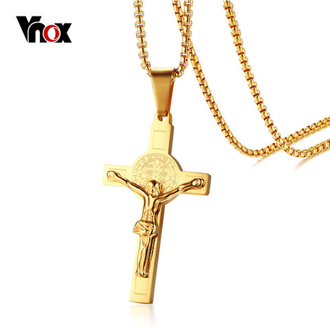 Vnox Cross Necklace Crucifix Jesus Pendant Gold Color Stainless Steel Men 24" Chain Catholic Church Religious Male Jewelry