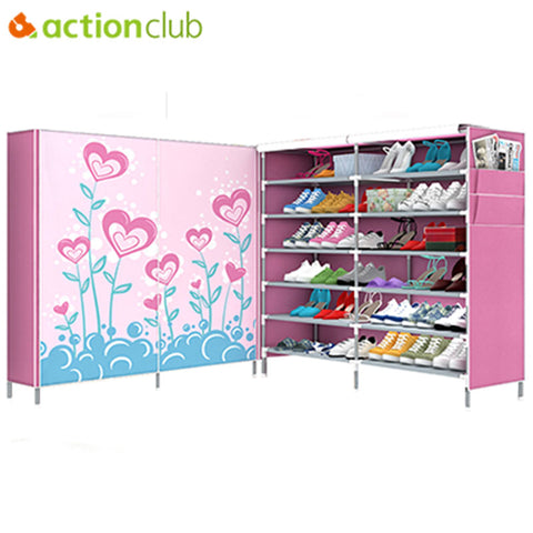 Actionclub Double Row Cartoon Shoes Rack Multi-purpose Storage Shoes Cabinet Non-woven 3D Pattern DIY Shoes Organizer Shelf