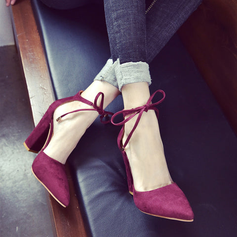 Women Solid Color Pointed Shoes Thick Heel Suede High Heeled Shoes Sandals