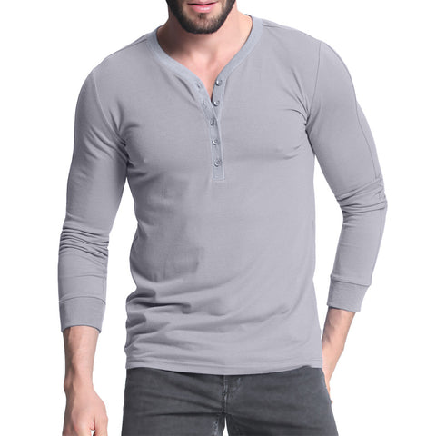 2018 Fashion Henley Shirts Slim Fit Plain T-shirt Long Sleeve V Neck tshirt For Mens Tee Top Button Placket Male Men T-shirt