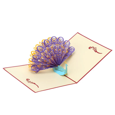 Handmade 3D Pop Up Birthday Card Kirigami Hollow Folding Greeting Christmas Postcard with Envelope Colorful Peacock Design