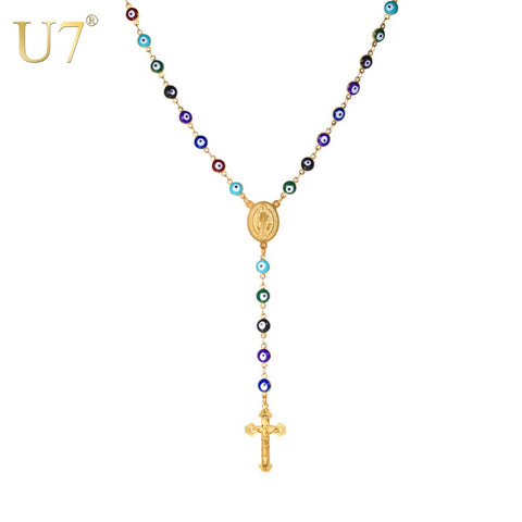 U7 Turkish Jewelry Rosary Necklaces For Women Y-Shaped Trendy Stainless Steel Gold Color Colorful Blue Eye Necklace N563