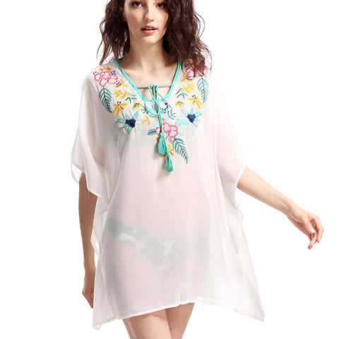 Avoir Aime Women's Boho Oversized Embroidered Chiffon T-Shirt Cover Up