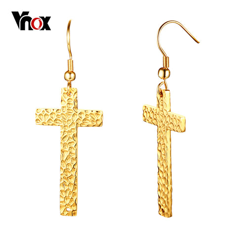 Vnox Stylish Uneven Surface Gold Color Stainless Steel Cross Dangle Earrings for Women Drop Earings Casual Female Lady Jewelry